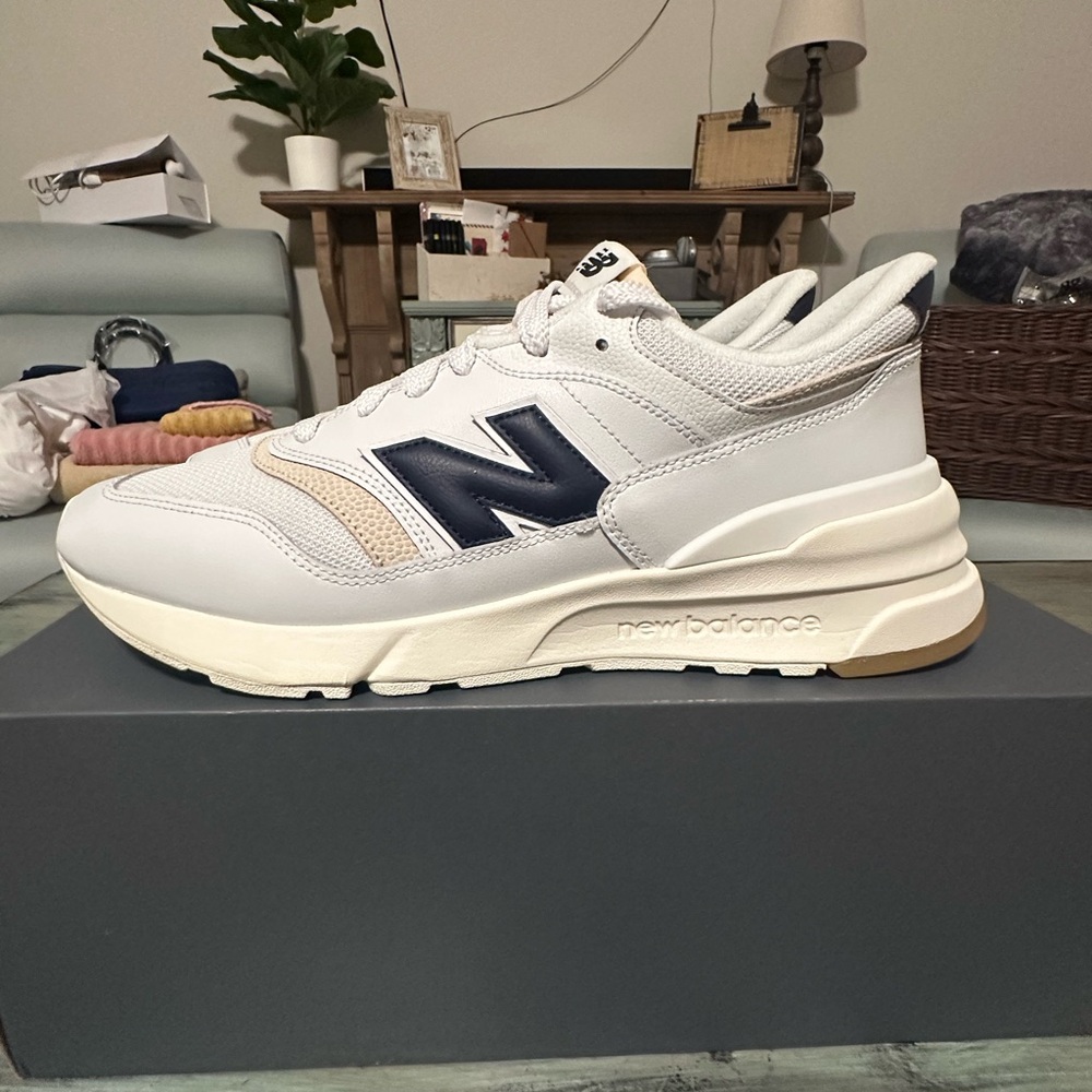 New Balance White and Navy 997R Sneakers Size 12